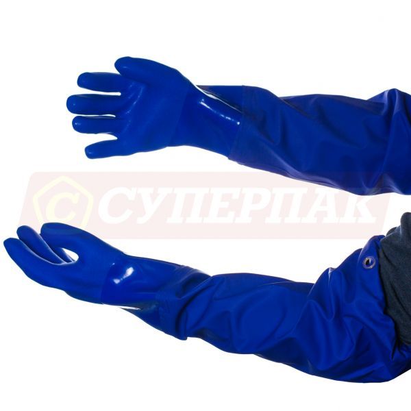 Перчатки рыбацкие синие с напылением (ПВХ, с нарукавниками)