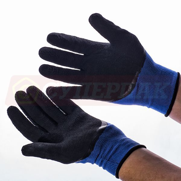 Перчатки нейлоновые синие со вспененным чёрным обливом